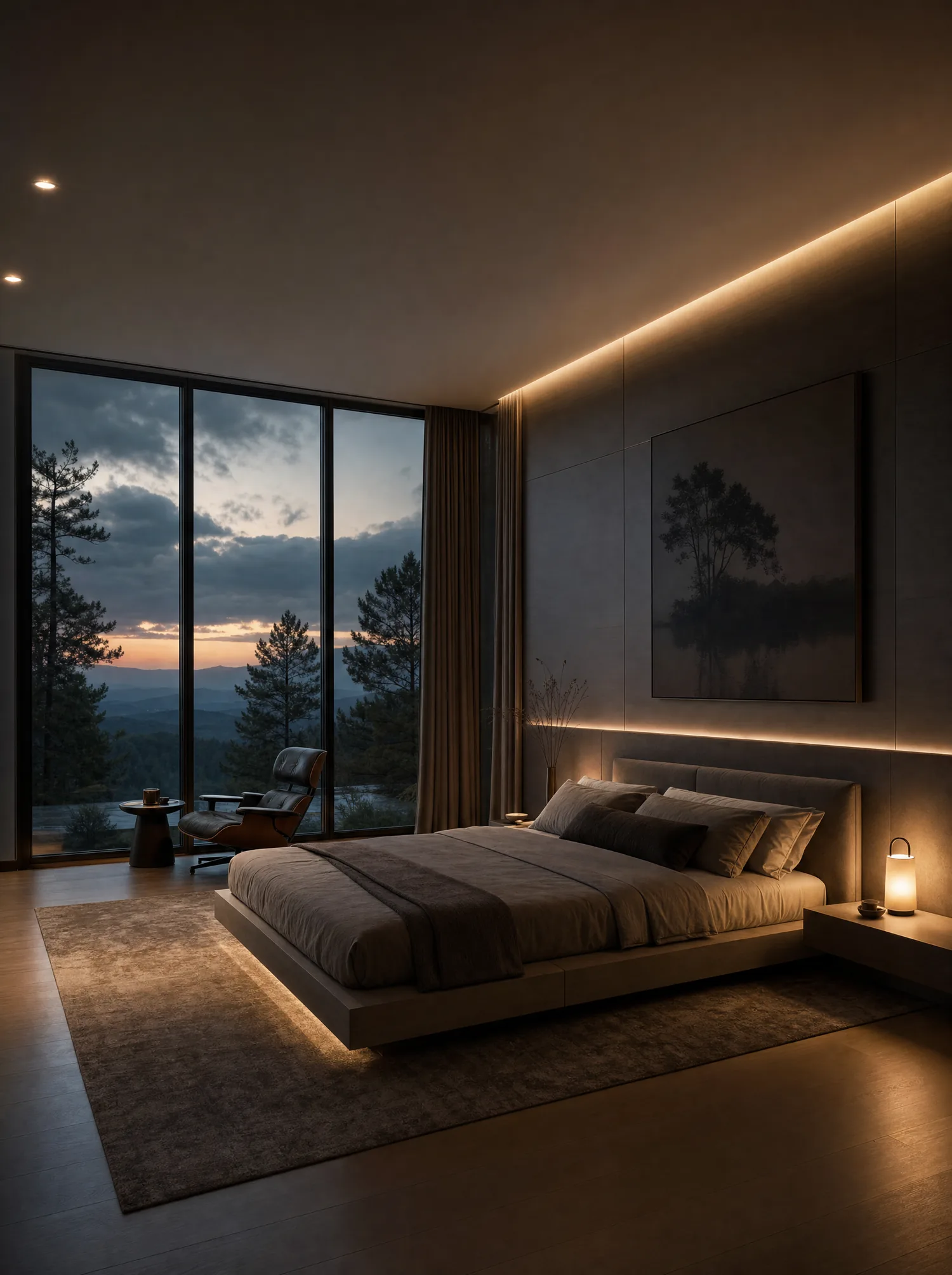 Modern bedroom with floor-to-ceiling windows at dusk